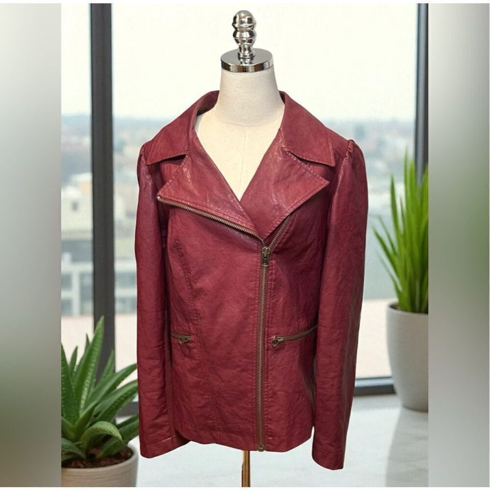 Anthropologie Petula Puff Sleeve Leather Moto Jacket Red Size 2X NWOT